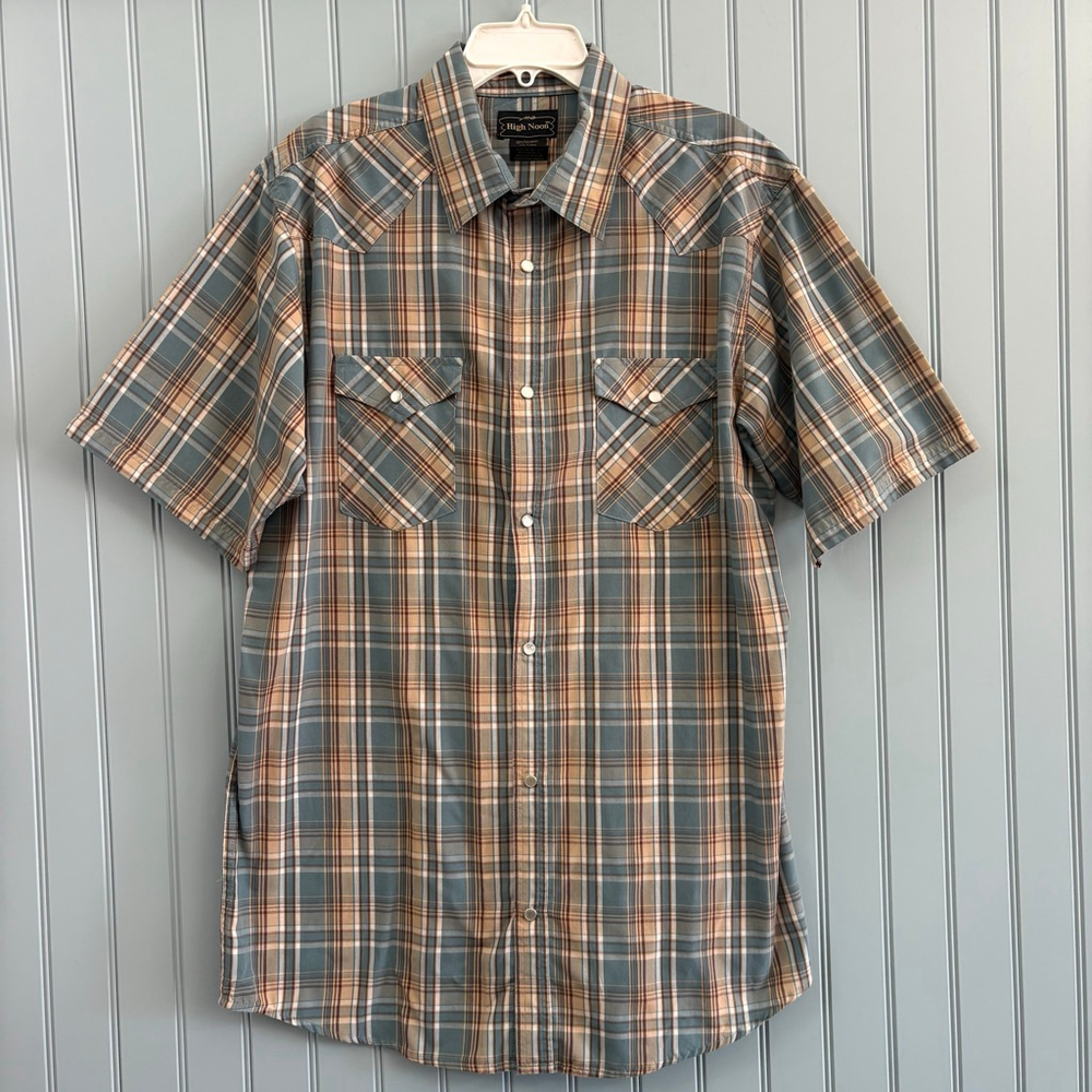 High Noon Plaid Casual Button Down Shirt LT Blue Brown
